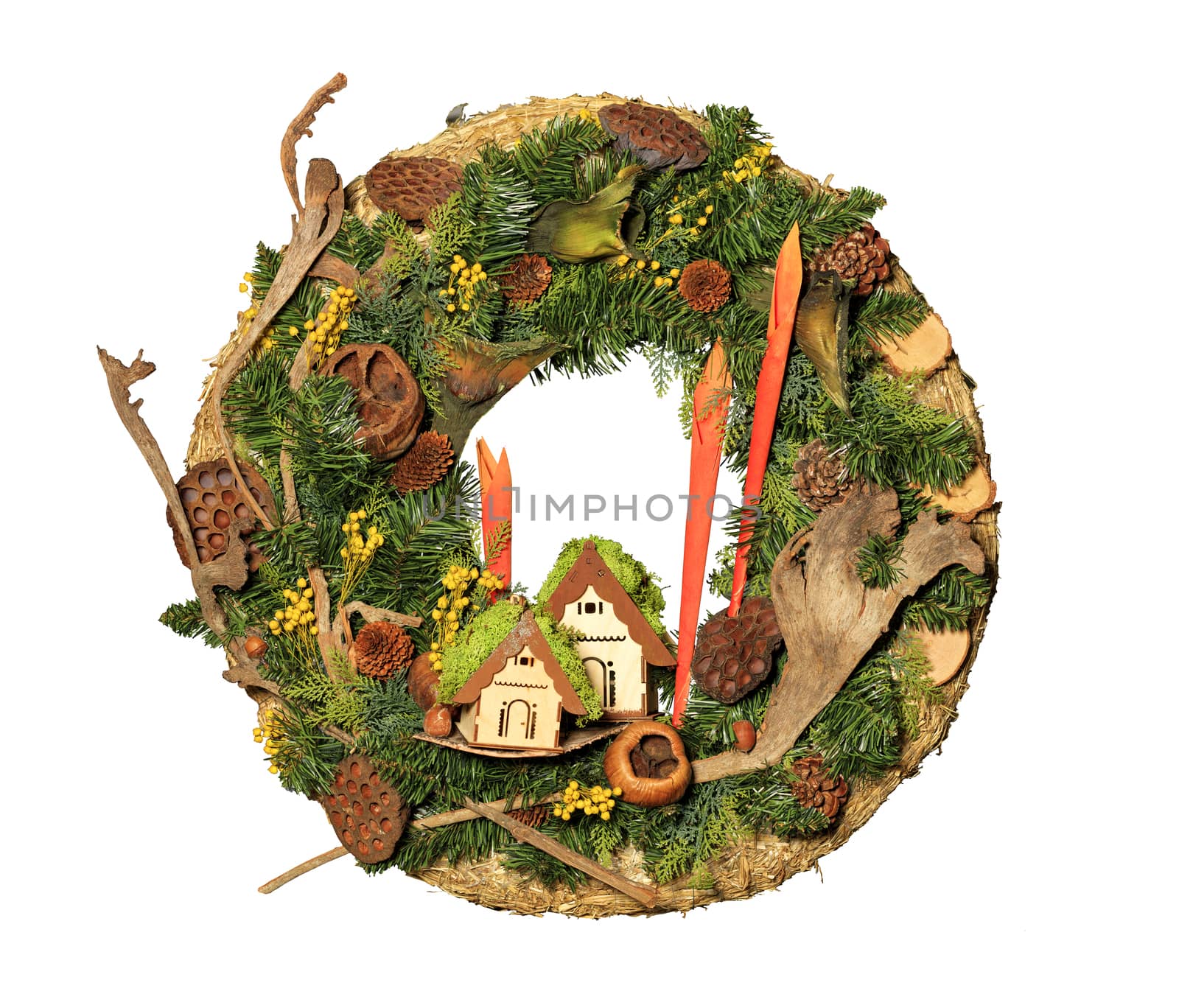 Christmas round wreath for the house, as a talisman against evil spirits, isolated on a white background, close-up.