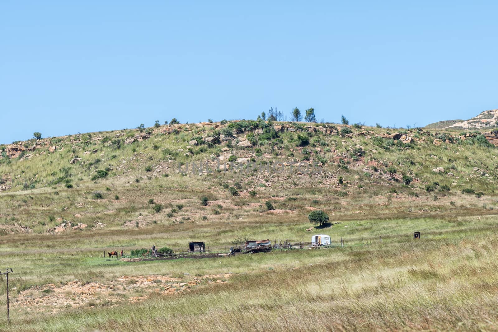 Landscape with an old caravan, shacks, horses and one person at Golden Gate in the Free State Province