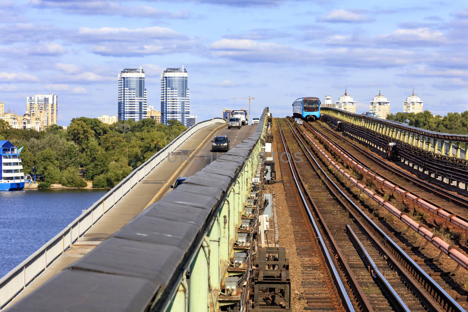 Railway track of the metro bridge in Kyiv on which the metro train rushes.