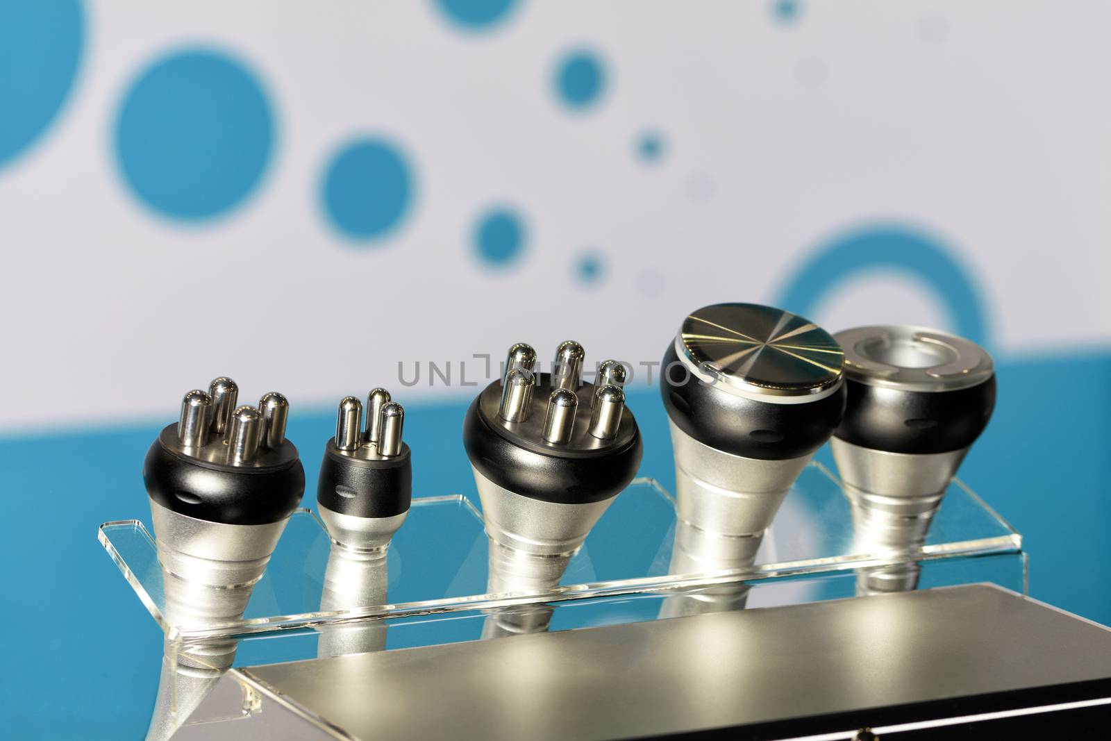 Close-up of various tools of medical cosmetology apparatus for liposuction and massage, used for the correction of the human body. Machine cosmetology.