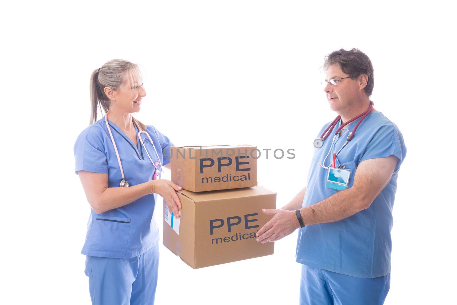 Doctors and nurses receiving a delivery of medical equipment PPE.   The coronavirus COVID-19 pandemic left stock of critical PPE in severe short supply