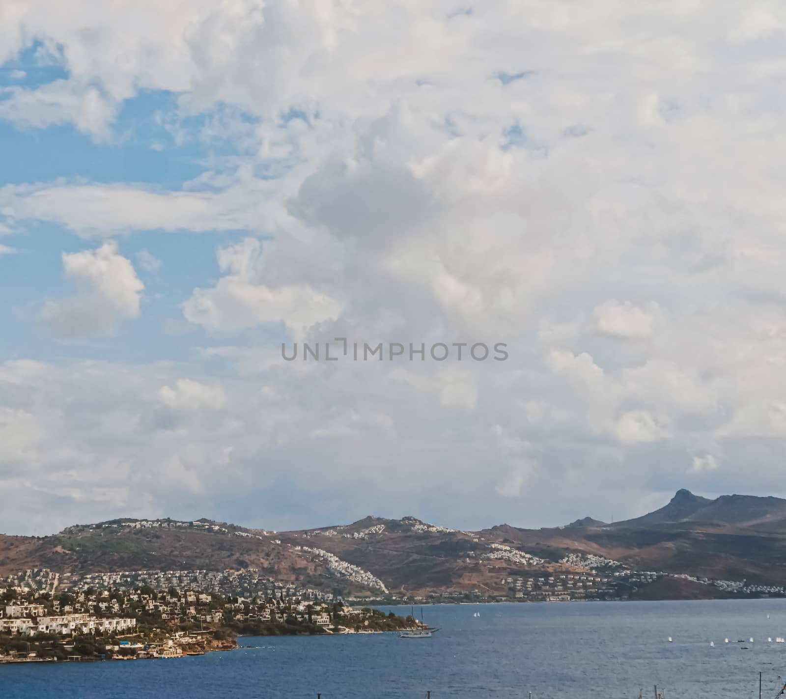 Mediterranean coast and cloudy sky, beautiful panoramic sea view and coastal nature scene