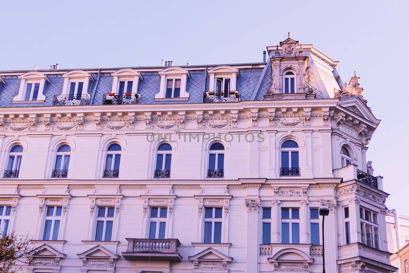 Exterior facade of classic building in the European city, architecture and design detail