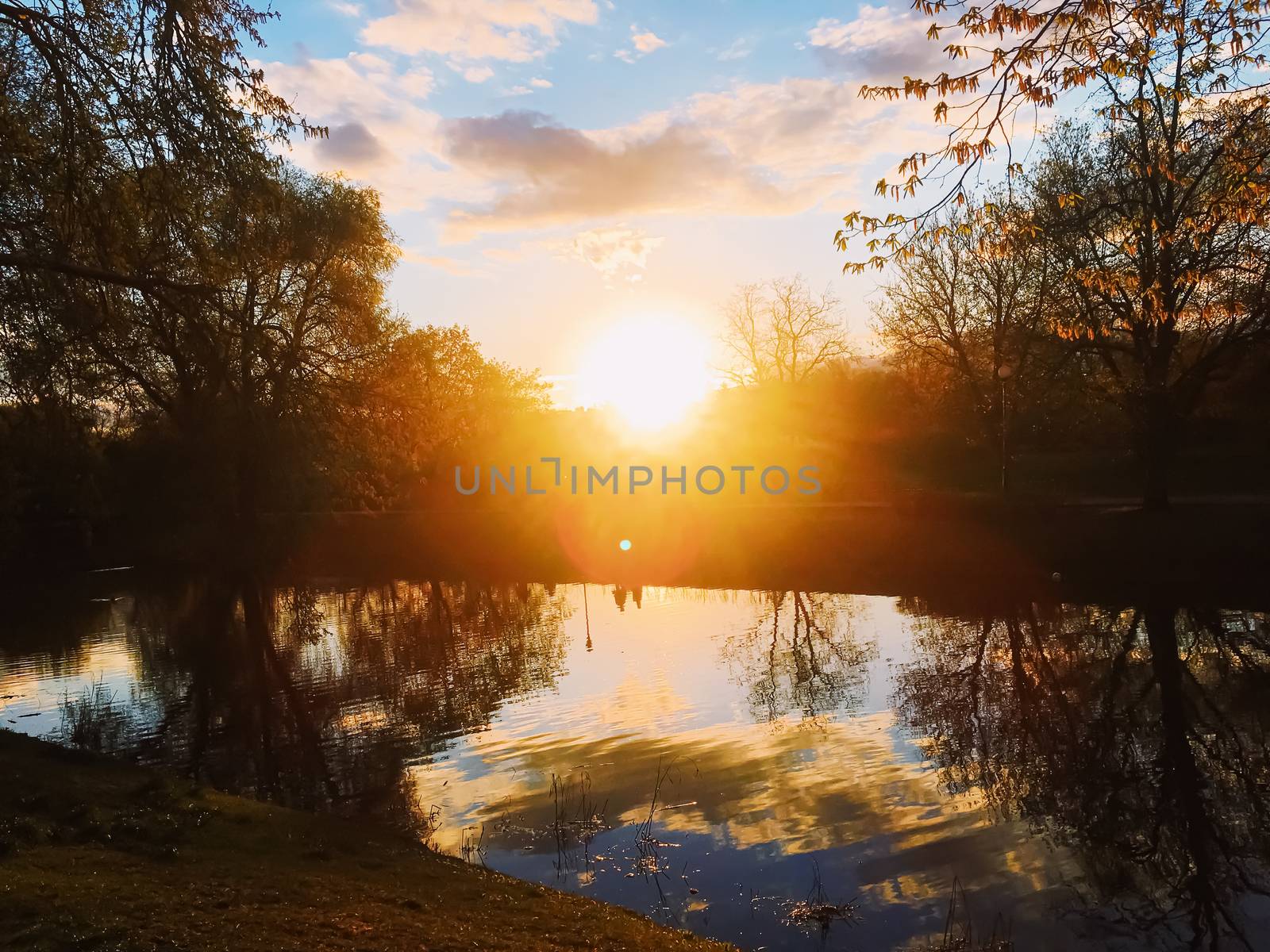 Sunset over the river in spring, nature and environment