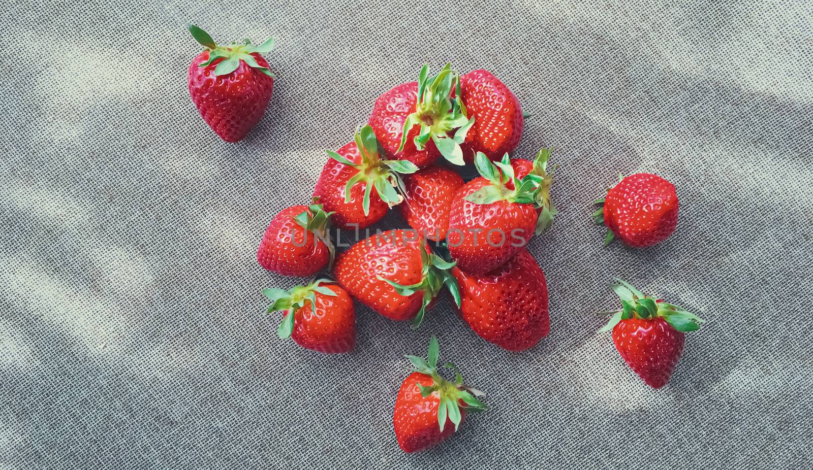 Organic strawberries on rustic linen background by Anneleven