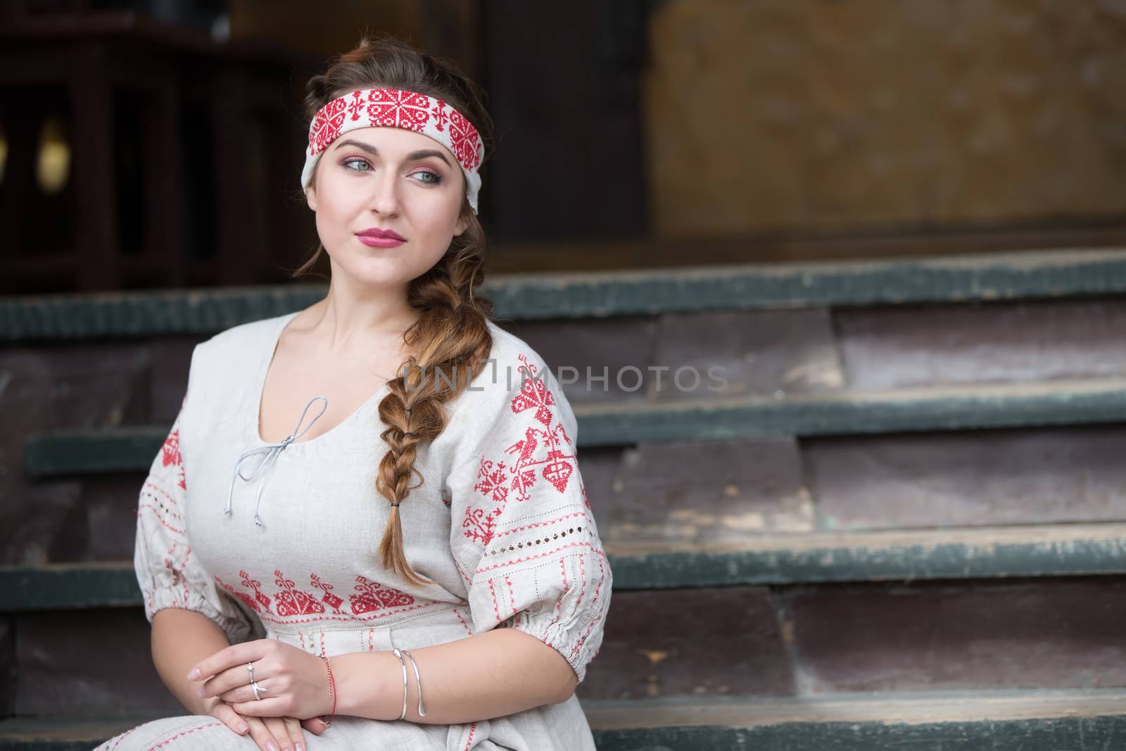 Russia, Moscow, August 27, 2017, the international festival of photography.Russian girl in national clothes