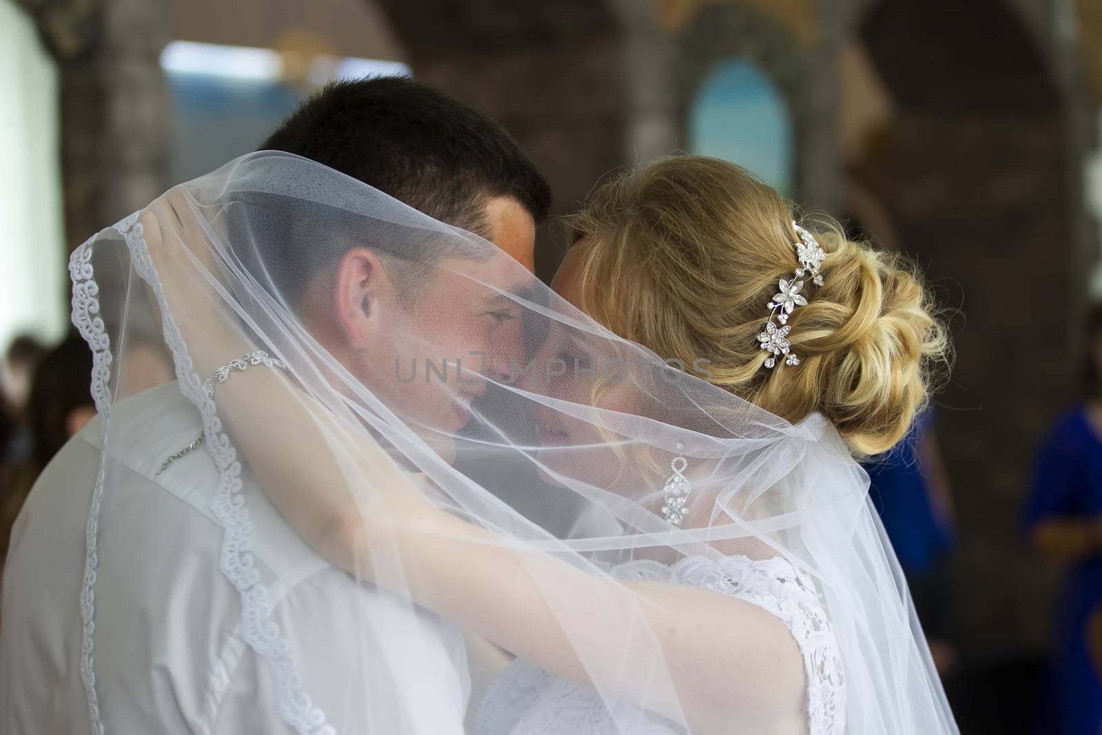 The bride is dancing with the groom. The first wedding dance