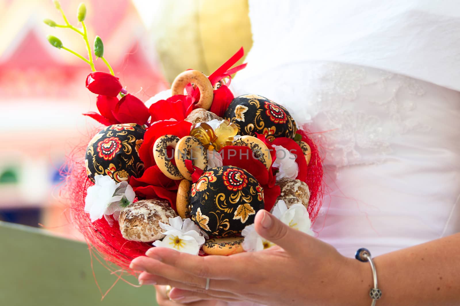 Bouquet of Russian bride. Original bouquet. Ethnic bouquet