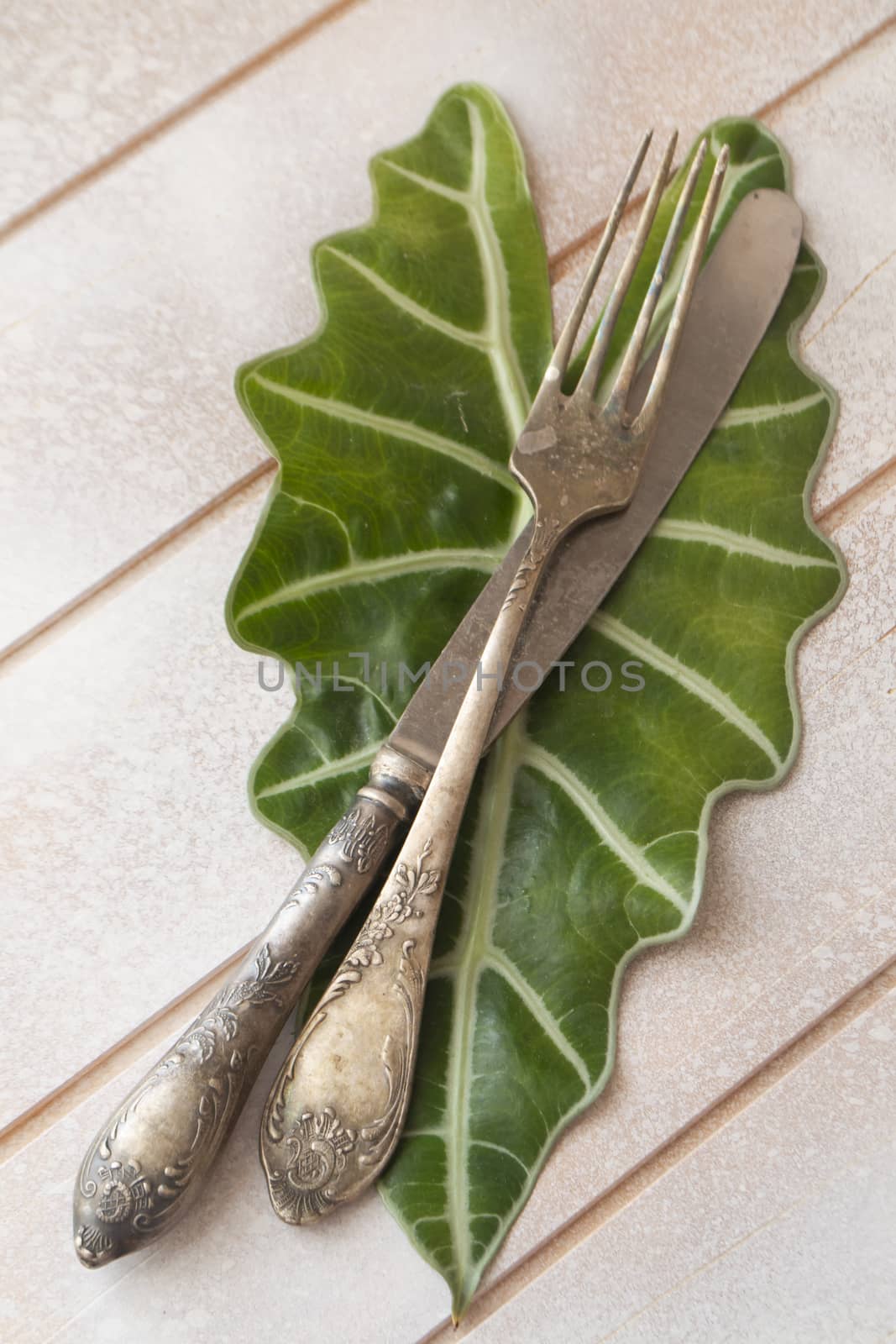 Rustic table place setting, top view, knife and fork on a leaf, vertical image