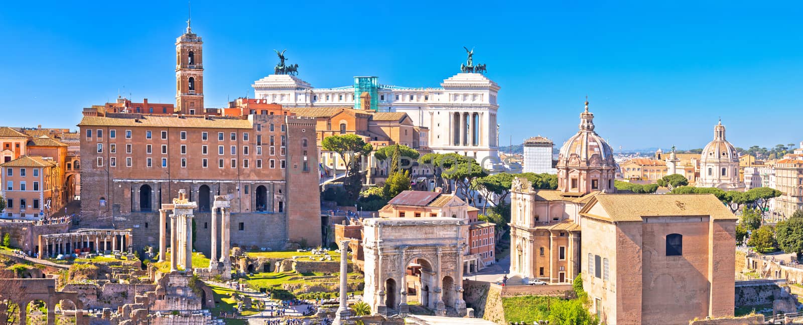 Rome. Scenic aerial view over the ruins of the Roman Forum and landmarks of Rome, capital of Italy
