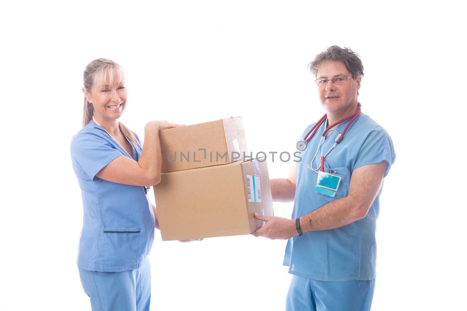 Medical healthcare co workers holding a delivery packages of PPE, medicines, or clinical equipment