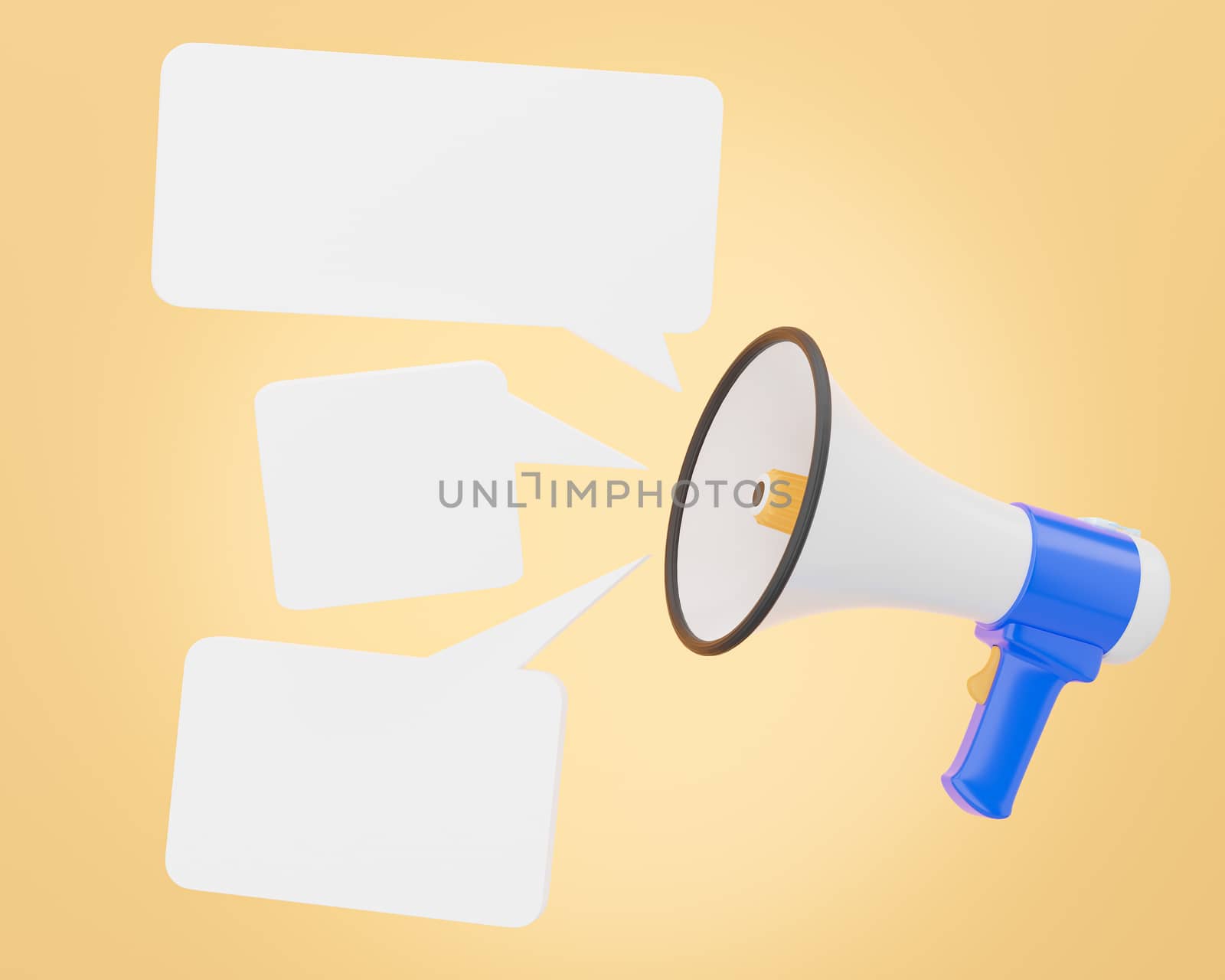 The megaphone is voicing notification sound and appears as an empty message box for advertising bullhorn or blue and white loudspeaker on orange background. Concept of communication. 3D illustration.
