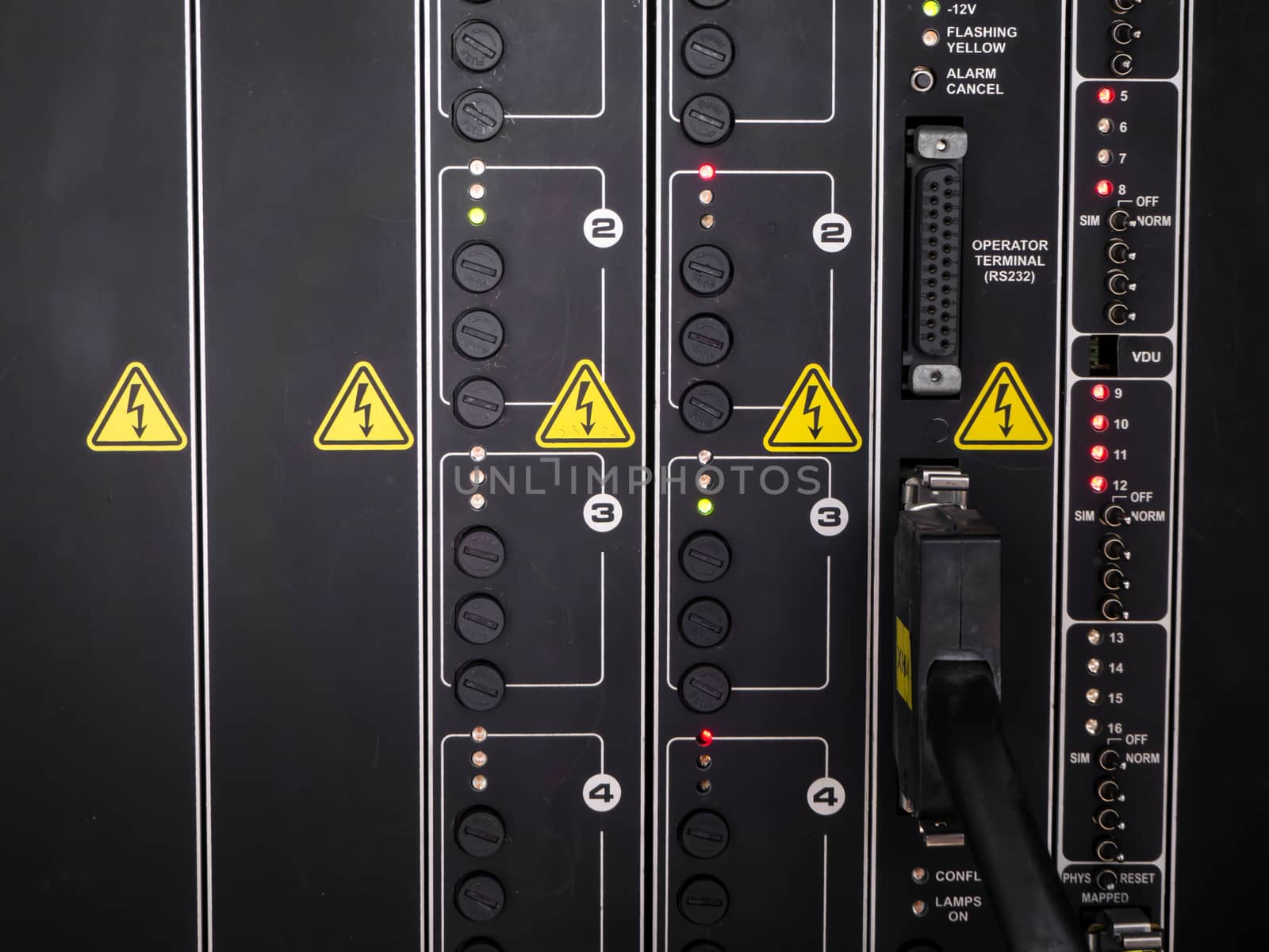 Electrical panel at a assembly line factory. Controls and switches.
