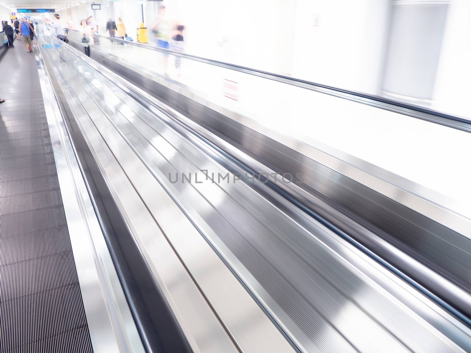 The skywalk with blurred business people in airport