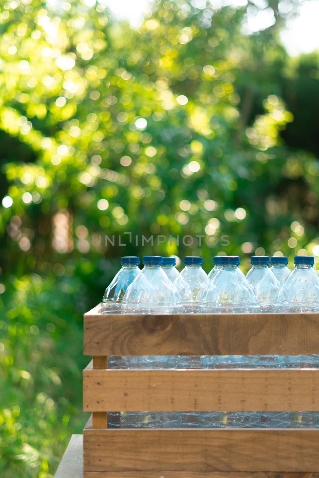 Reuse of the concept of recycling plastic bottles. Plastic bottles with stoppers in a recycled wooden box with beautiful sunset in the garden