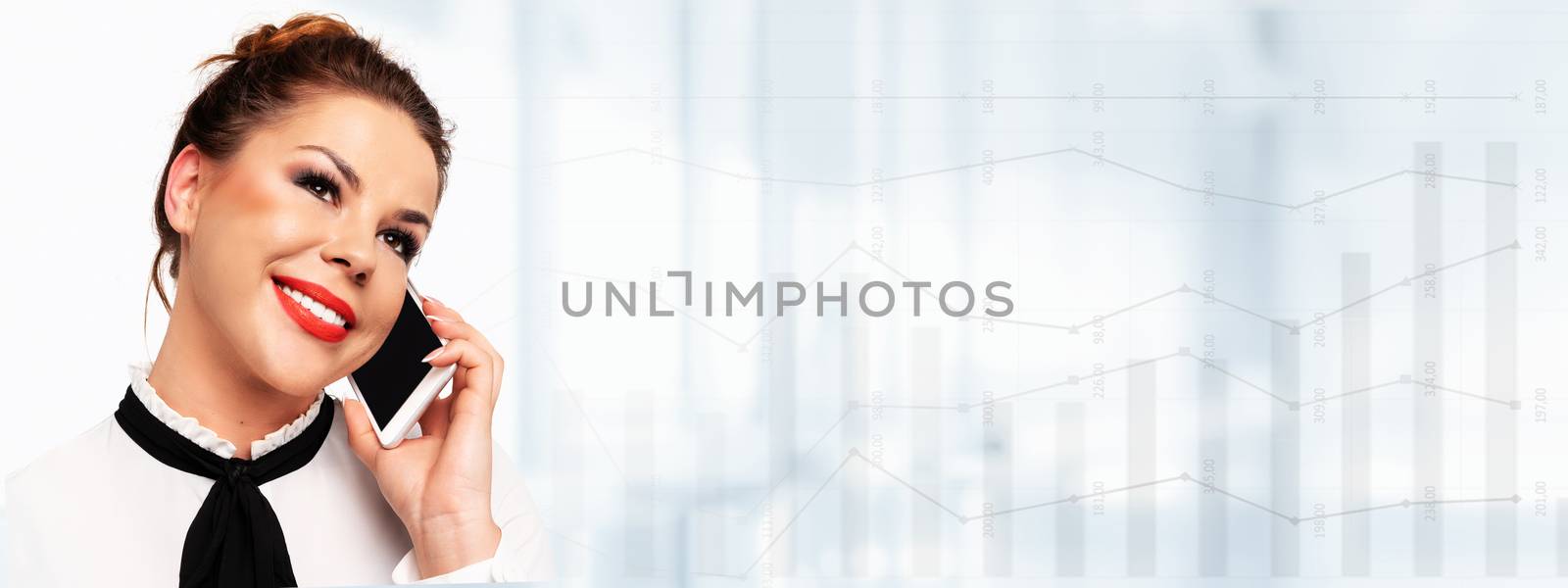 Modern business communications banner -  beautiful young business woman talking on a mobile phone and smiling on a abstract big data background (copy space).