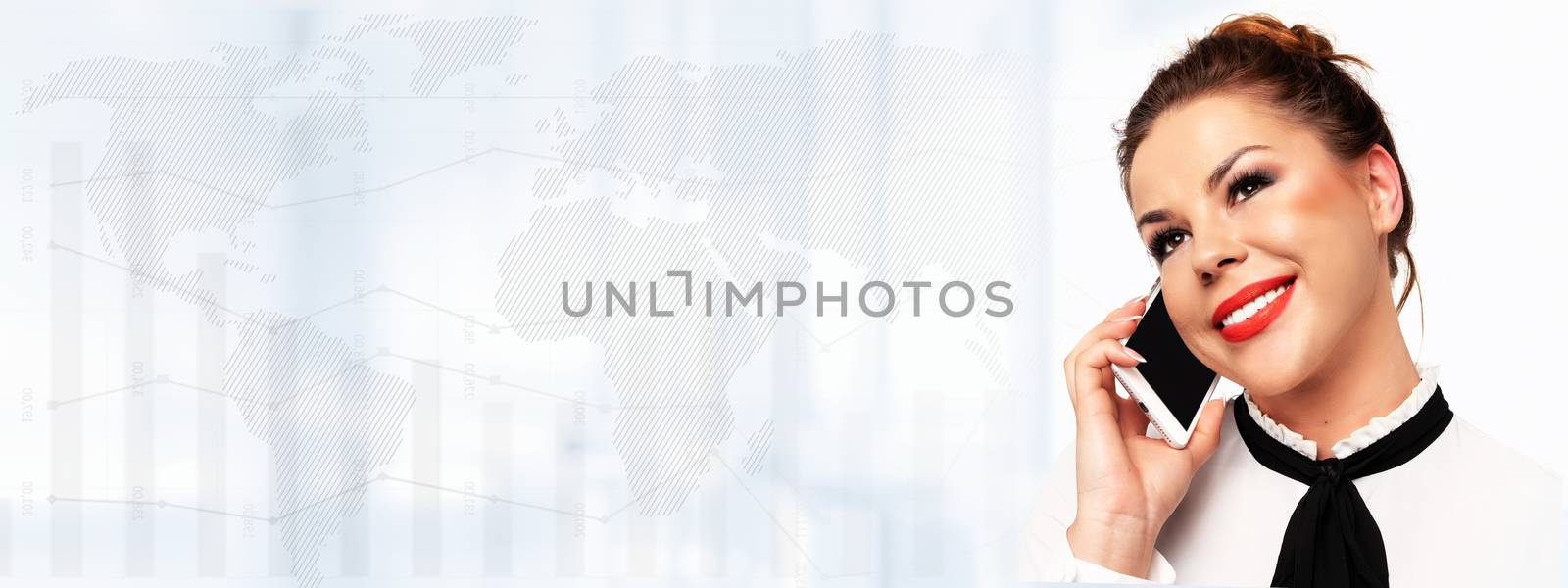 Global business communications banner -  beautiful young business woman talking on a mobile phone and smiling on a abstract big data background (copy space).