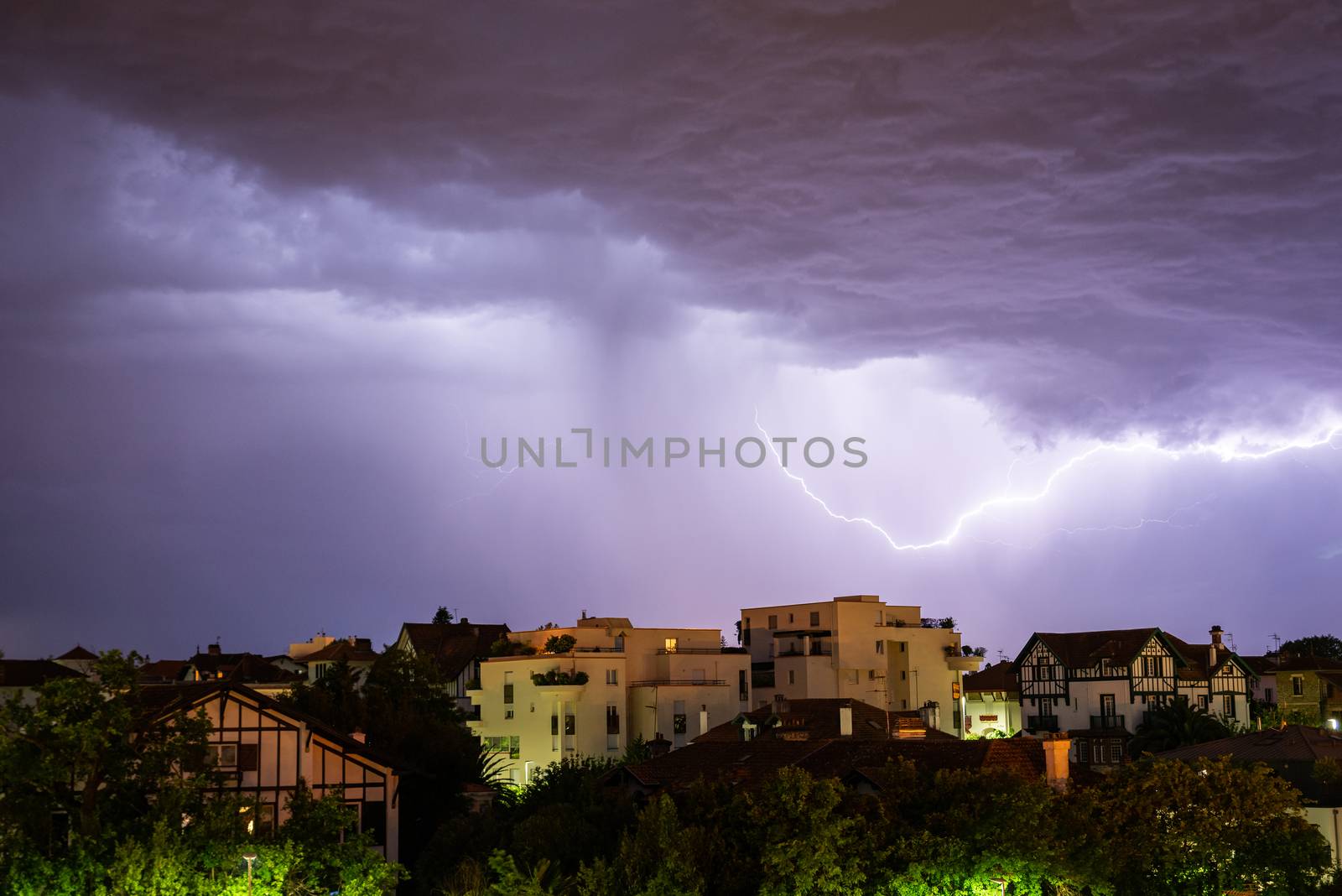 Thunderstorm at night in Bayonne, France