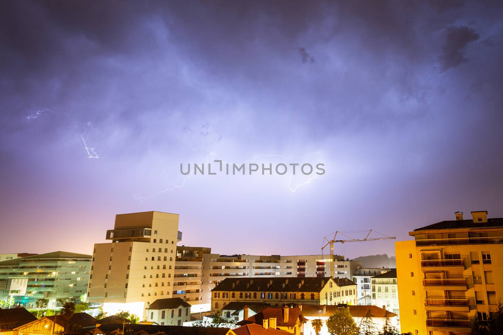 Thunderstorm at night in Bayonne, France