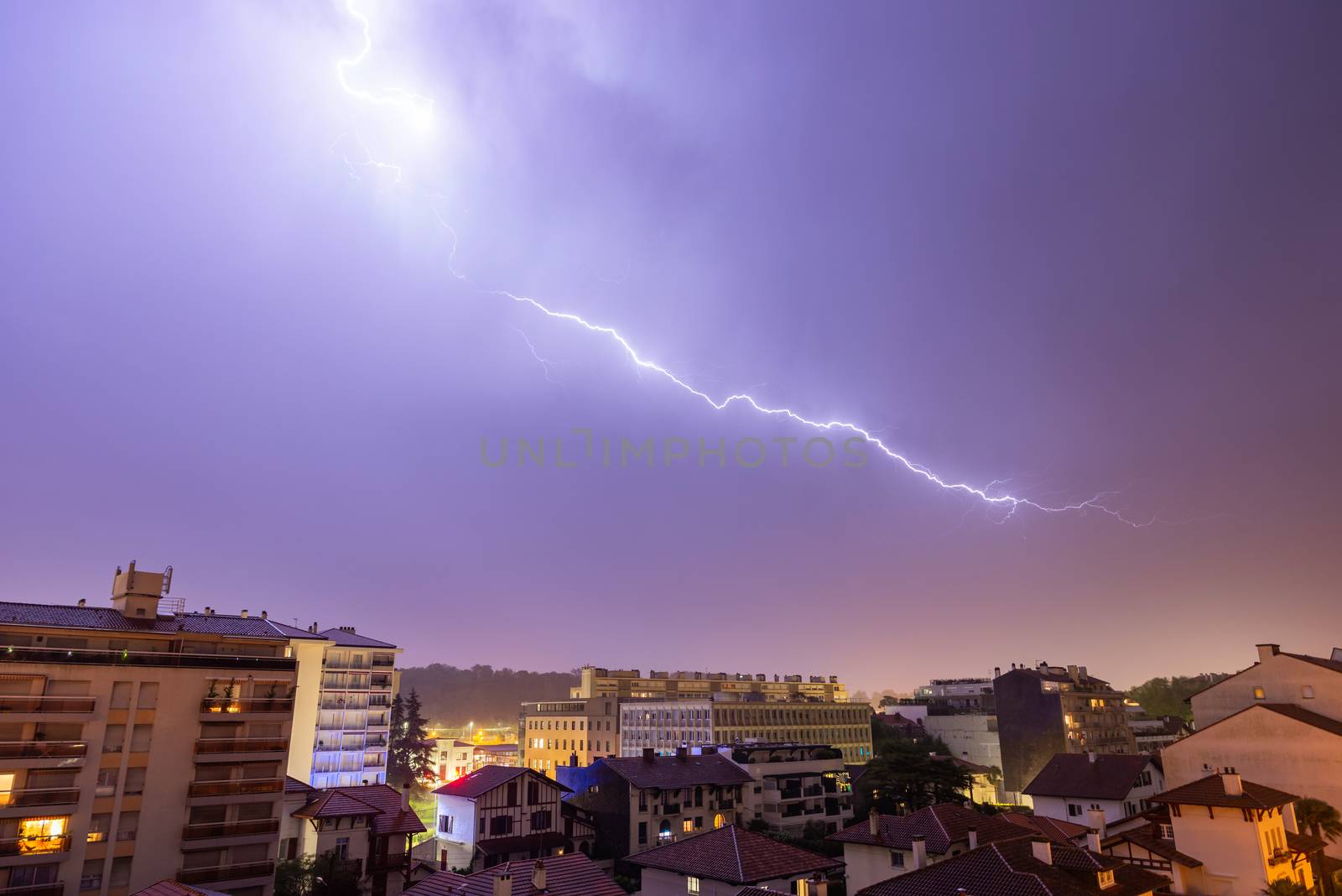 Thunderstorm at night in Bayonne, France