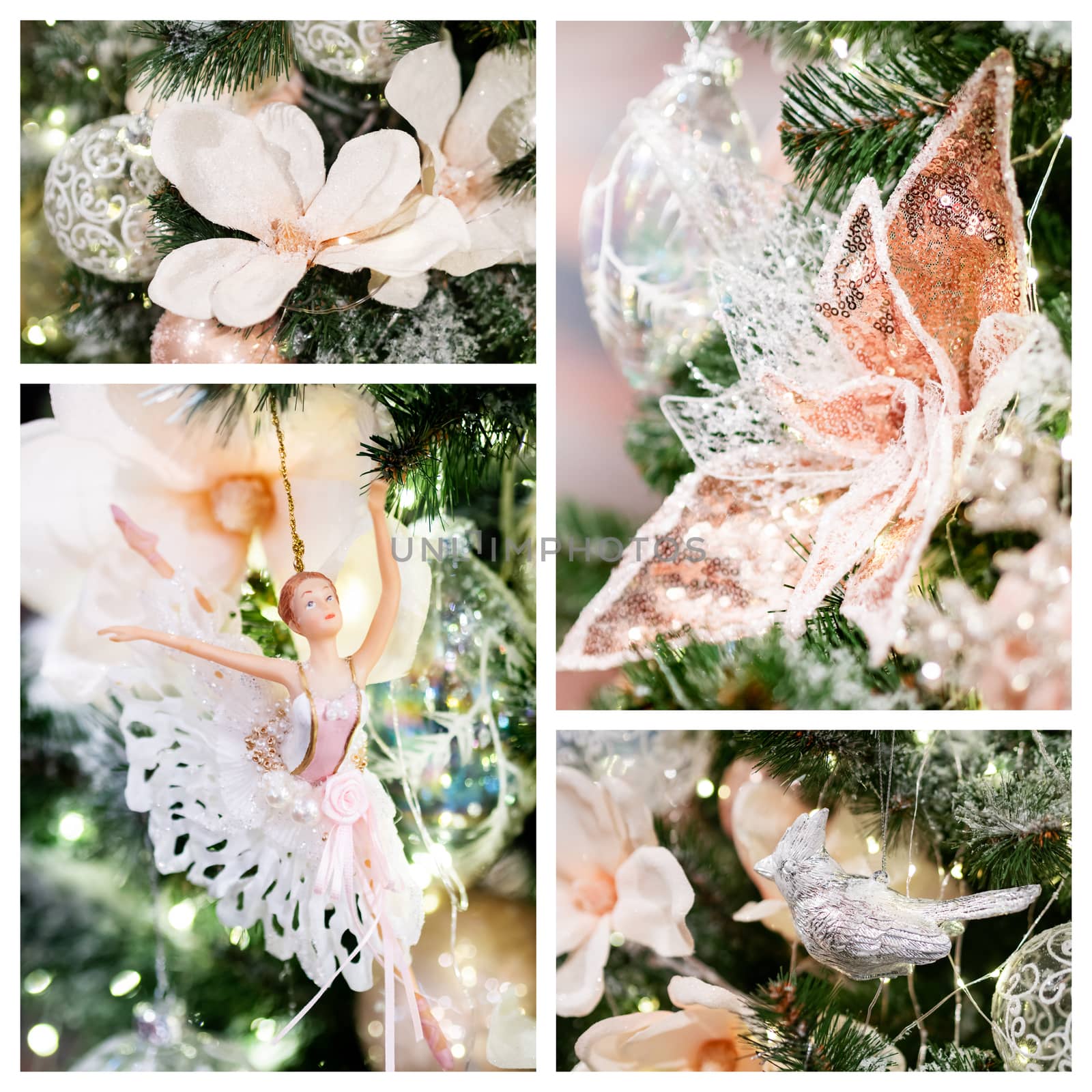 Collage of graceful ballerina, flowers and metal bird. Decorations for Christmas tree. Set of figures for New Year celebration. by aksenovko