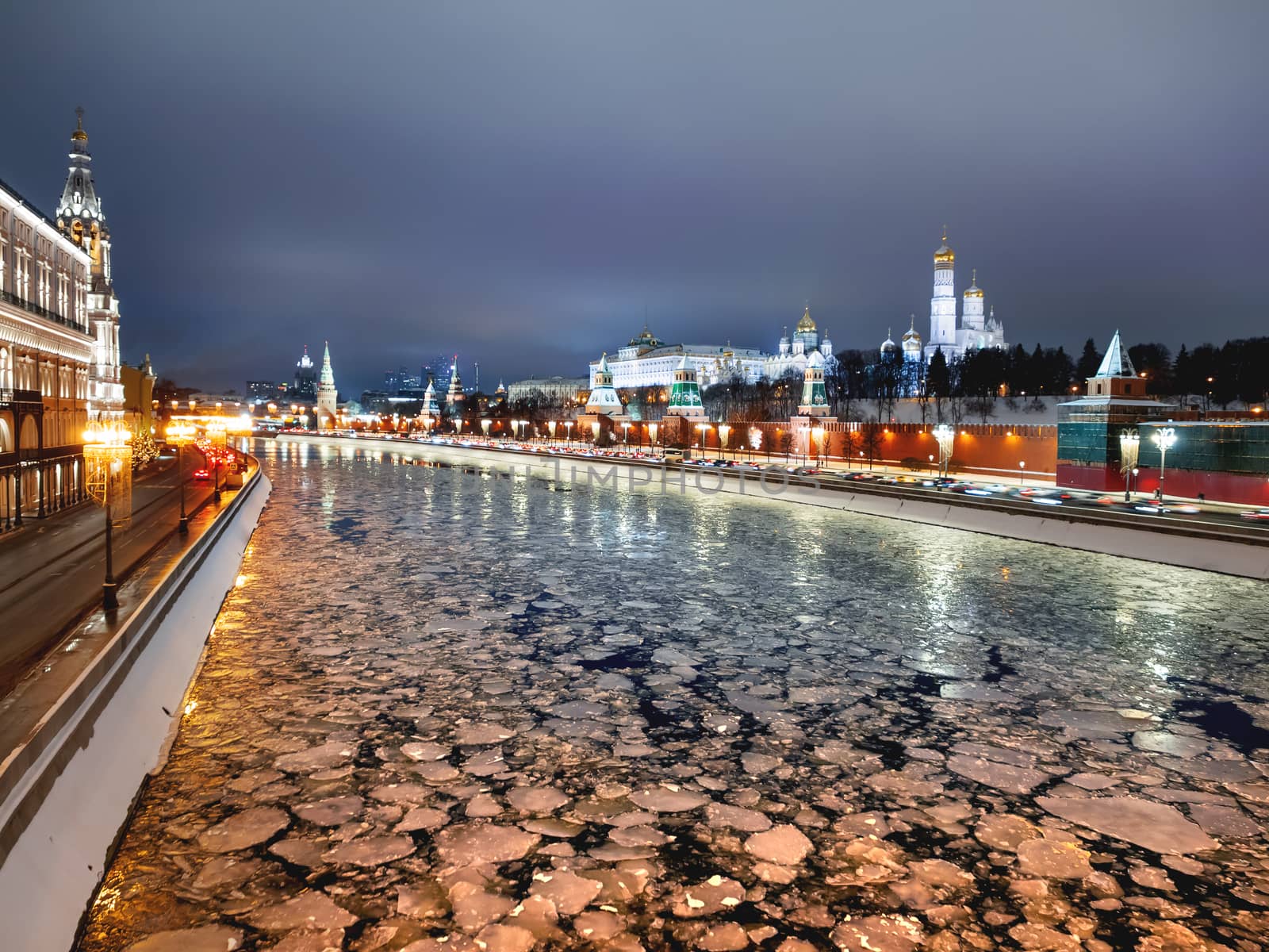 Panorama view of Moscow-river, Kremlin, Ivan the Great Bell tower, Grand Kremlin Palace, Cathedral of the Annunciation. Moscow, Russia.