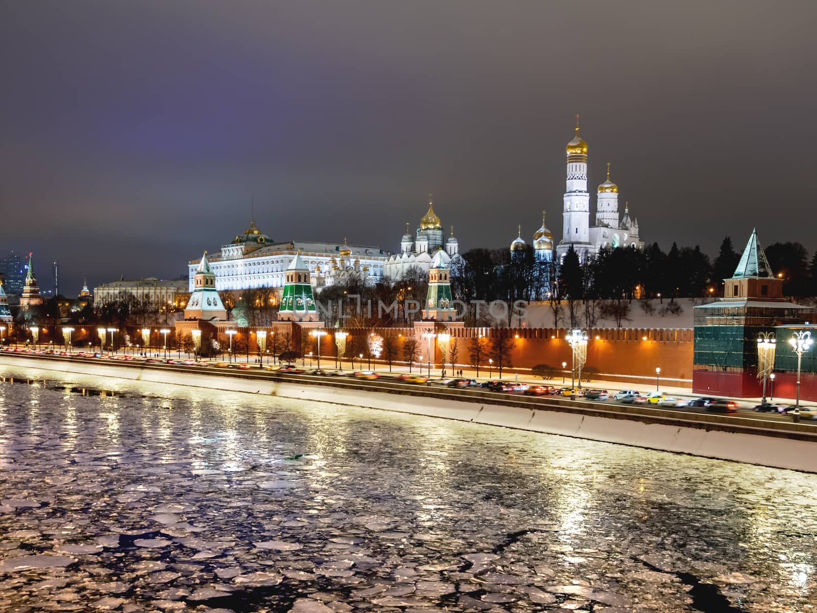 Panorama view of Moscow-river, Kremlin, Ivan the Great Bell tower, Grand Kremlin Palace, Cathedral of the Annunciation. Moscow, Russia.