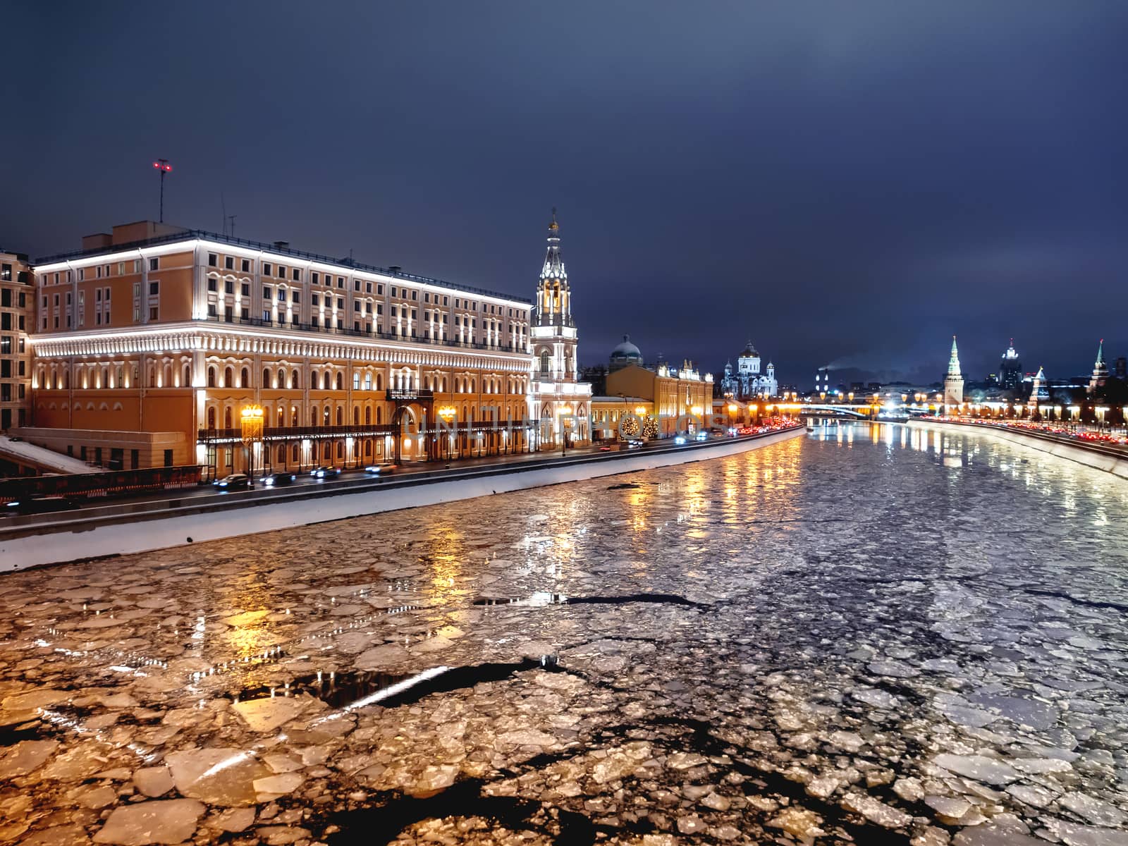 Panorama view of Moscow-river, Kremlin, CIS executive Committee, Saint Sophia Church on Sofiyaskaya embankment. Moscow, Russia.