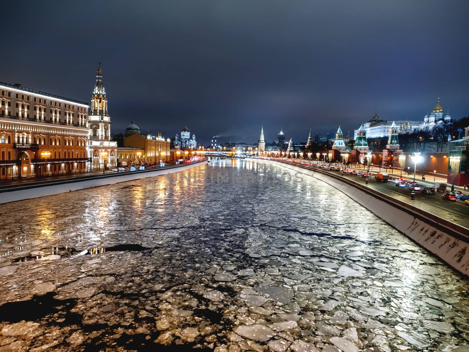 Panorama view of Moscow-river, Kremlin, Ivan the Great Bell tower, Grand Kremlin Palace, Cathedral of the Annunciation. Moscow, Russia.