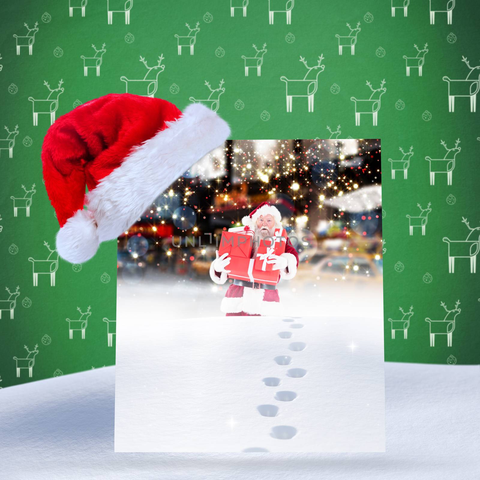 Santa hat on poster against santa delivering gifts in city