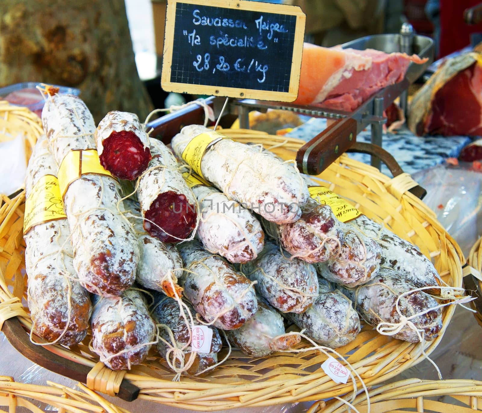 Delicious saucissons (dried sausage) at the outdoor market in Aix-en-Provence, France               