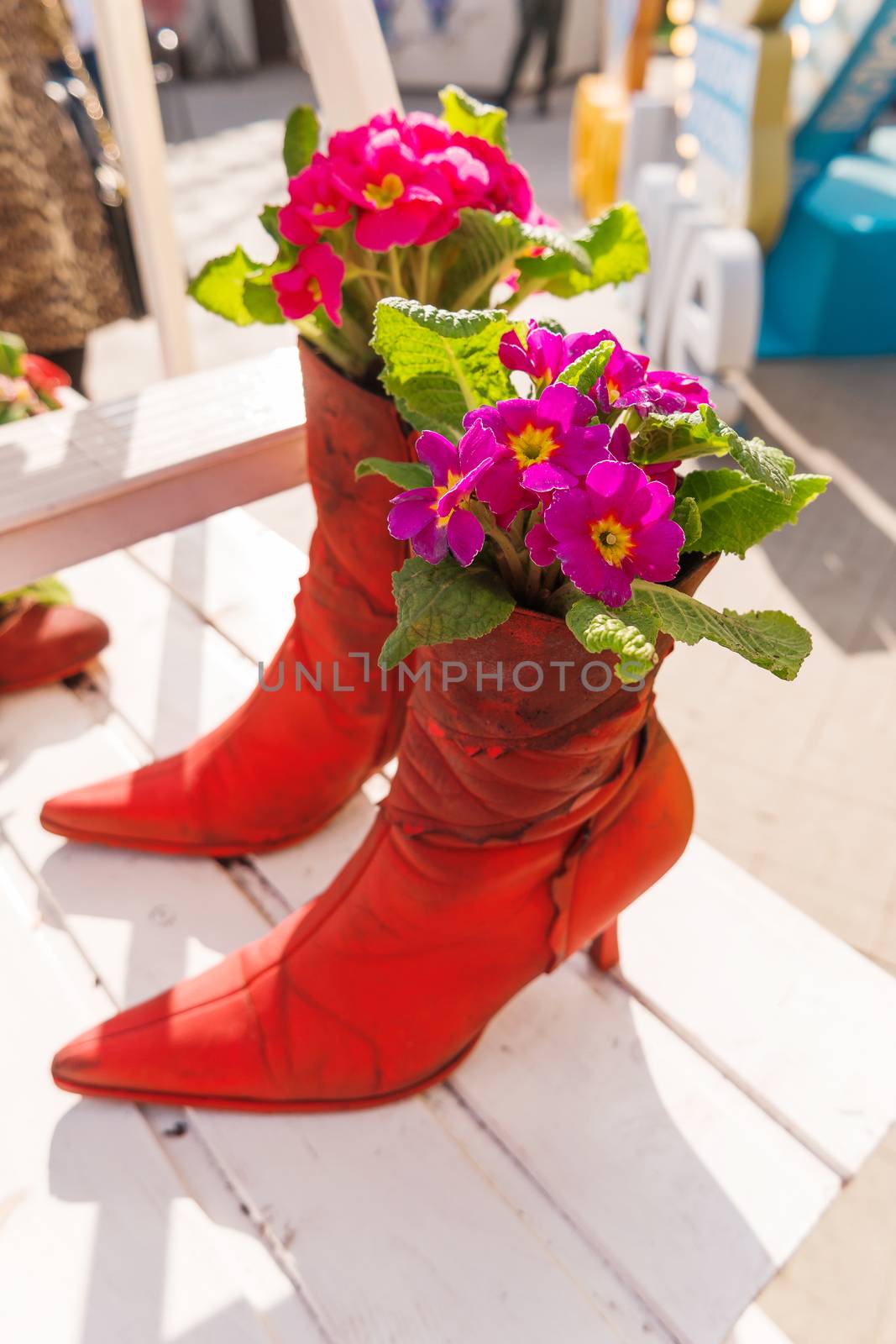 Funny street decorations - painted old boots with plants and flowers inside. Shoes used like flower pots. Moscow, Russia. by aksenovko