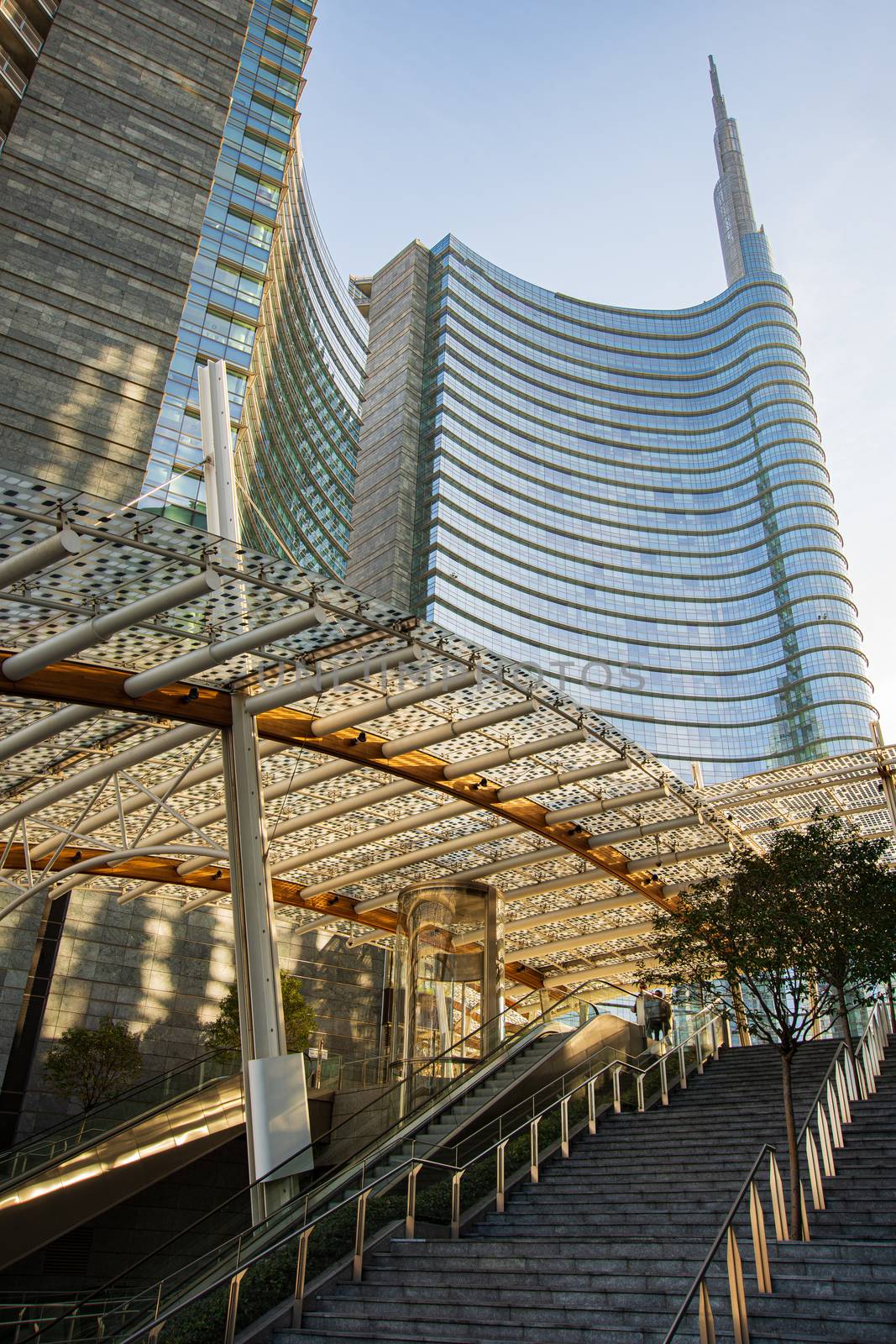 Bottom view of skyscrapers and stairways, image of Italian contemporary architecture