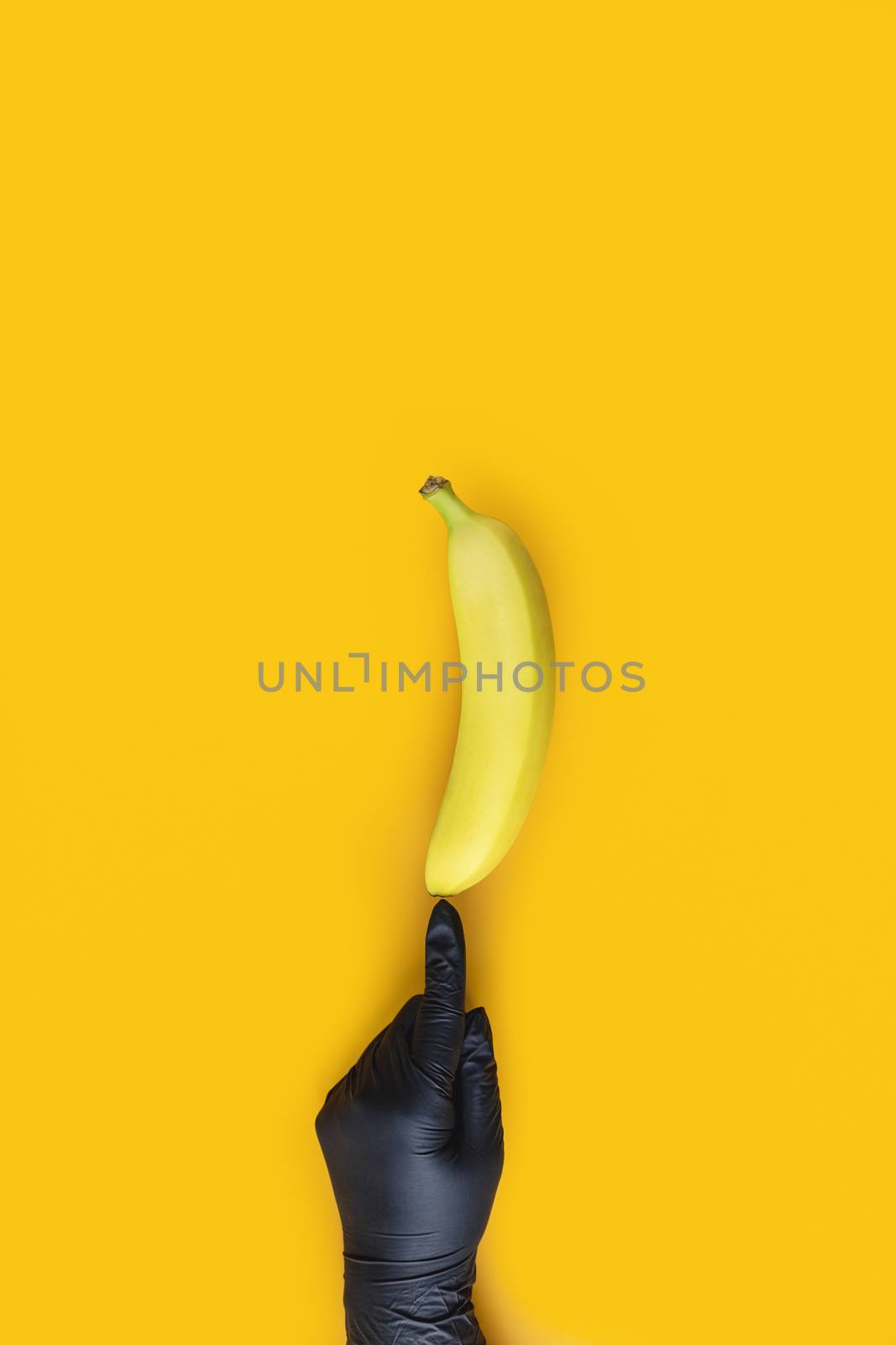 Hand in black glove holds banana on yellow background. Food art. Conception coronavirus new lifestyle concept.