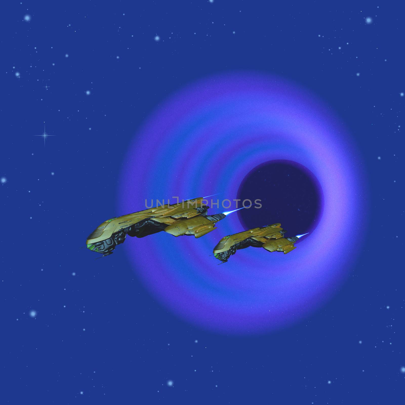 Two spacecraft come through a wormhole in space on their journey to a different galaxy in the universe.