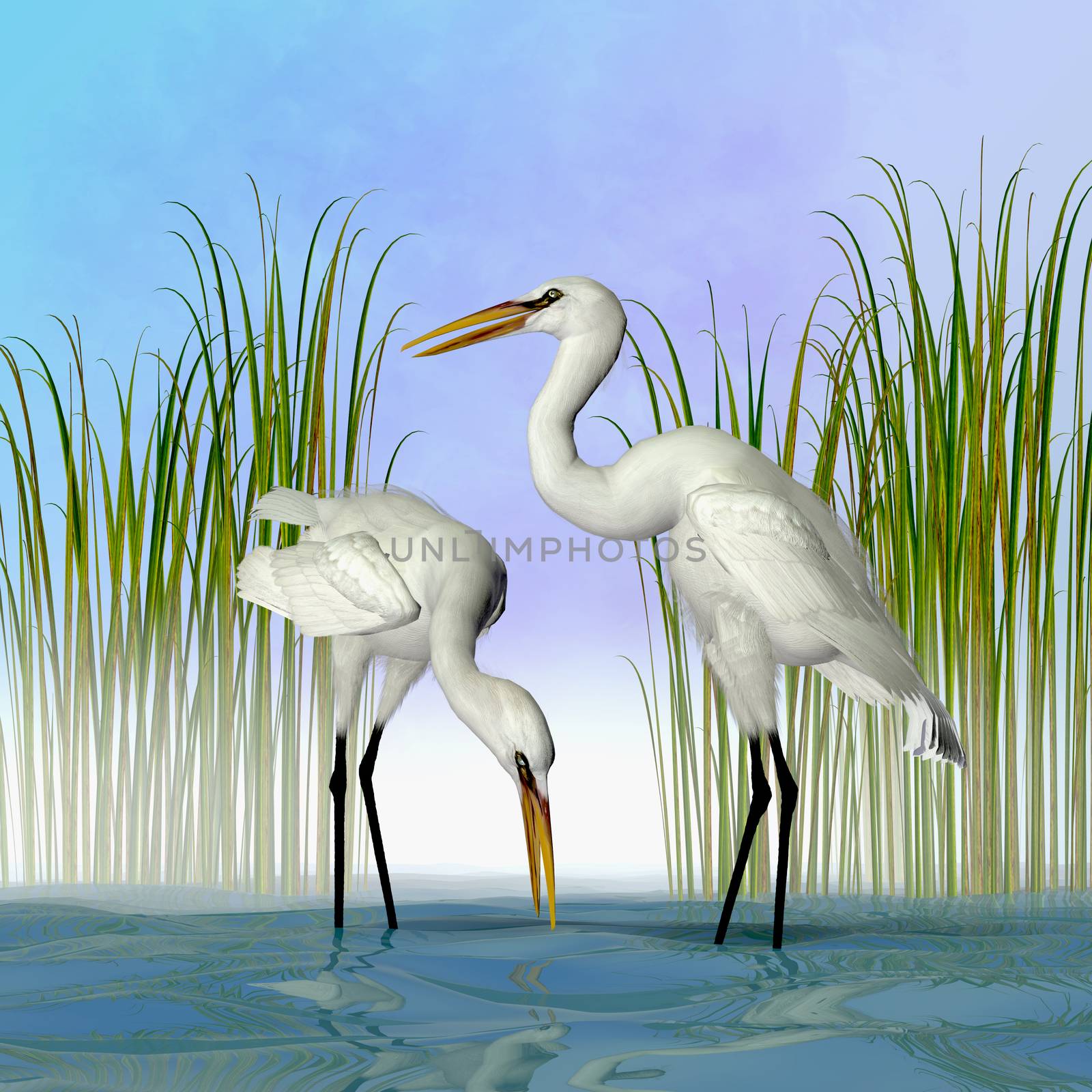 The Great Egret is a tall standing avian waterbird that lives in Asia, the Americas and Europe.