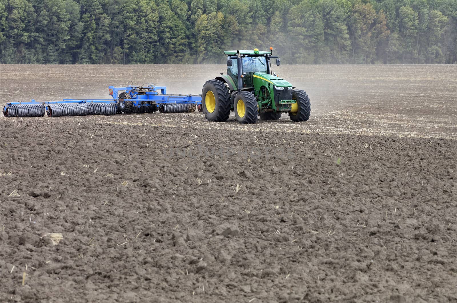 The tractor in the field shallow plow the soil with metal discs after the harvest.