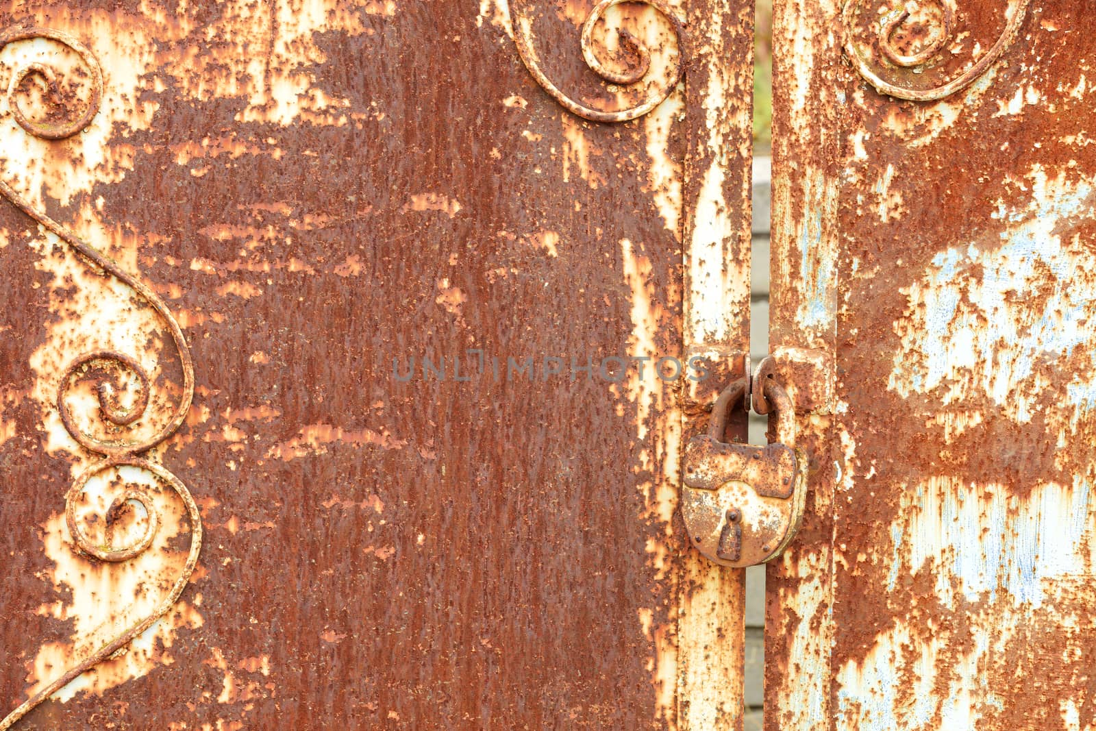 An old rusty lock connects a rusty gate. Rust on old metal sheet texture. by Sergii