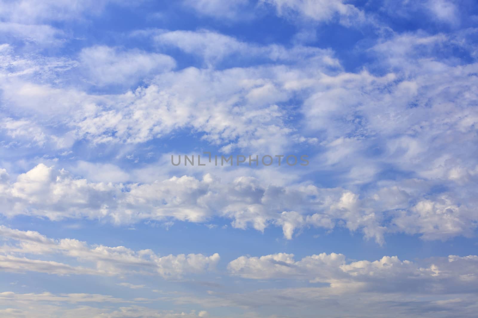 Blue sky background with the texture of white and fluffy clouds.
