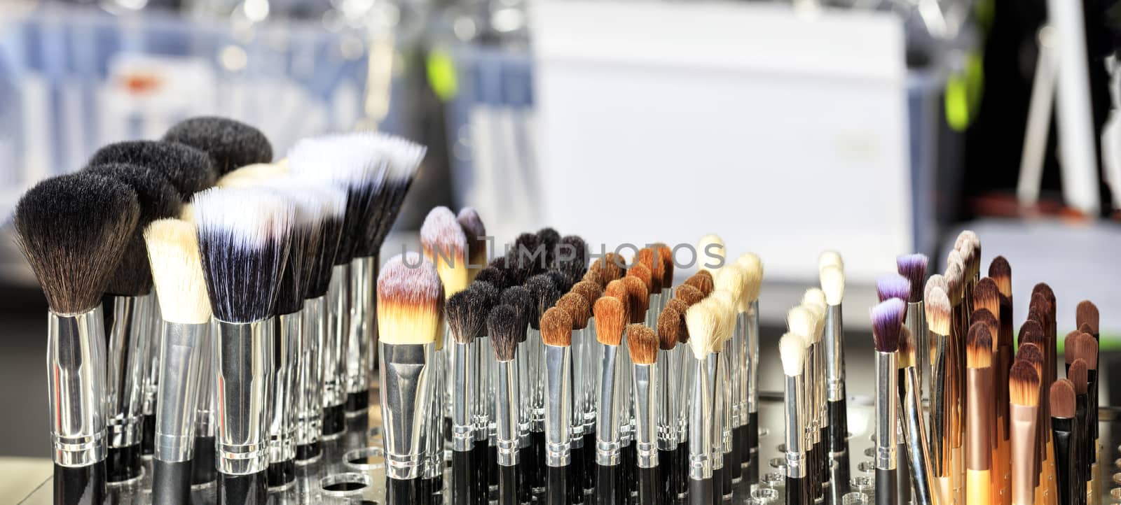 Brushes for makeup in stock, a large selection, different shapes and sizes, beauty industry. Light background, copy spa