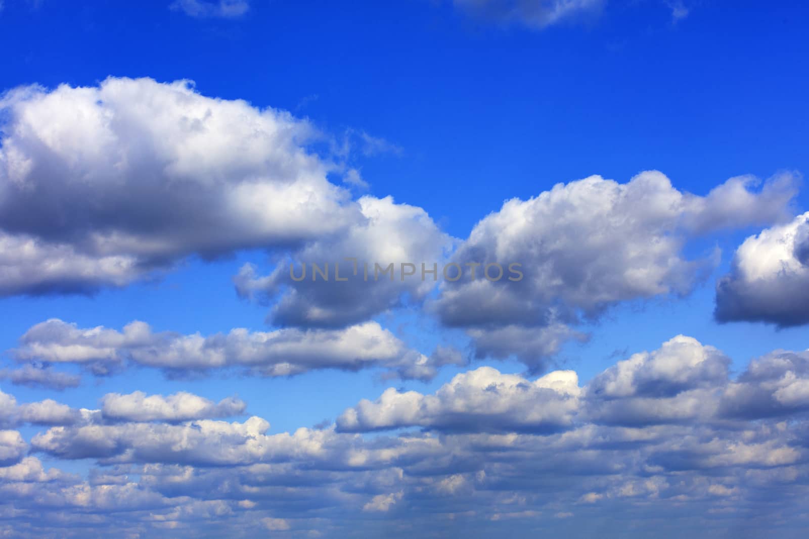 A background of blue saturated sky with the texture of white, gray and lead fluffy clouds covering it to the horizon.