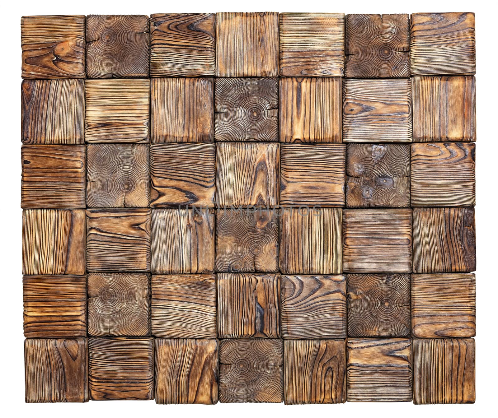 Beautiful mosaic made of various square textures of old wood, isolated on a white background. by Sergii