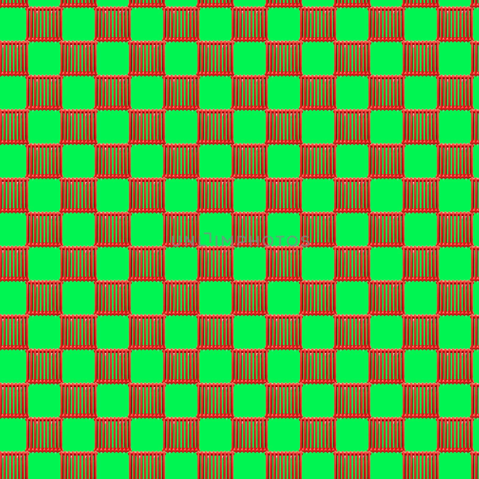 Seamless pattern with red heating radiator on a light green background. Modern style isometric concept.