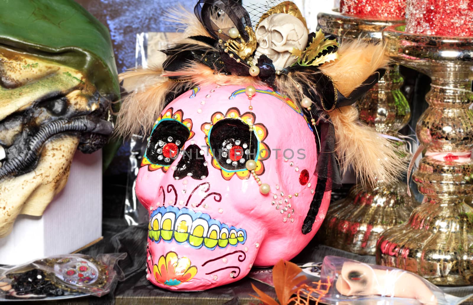 Halloween, skull dolls with a smile, decorated with female cosmetics in a hat with feathers, isolated on a blurred background of Halloween accessories.
