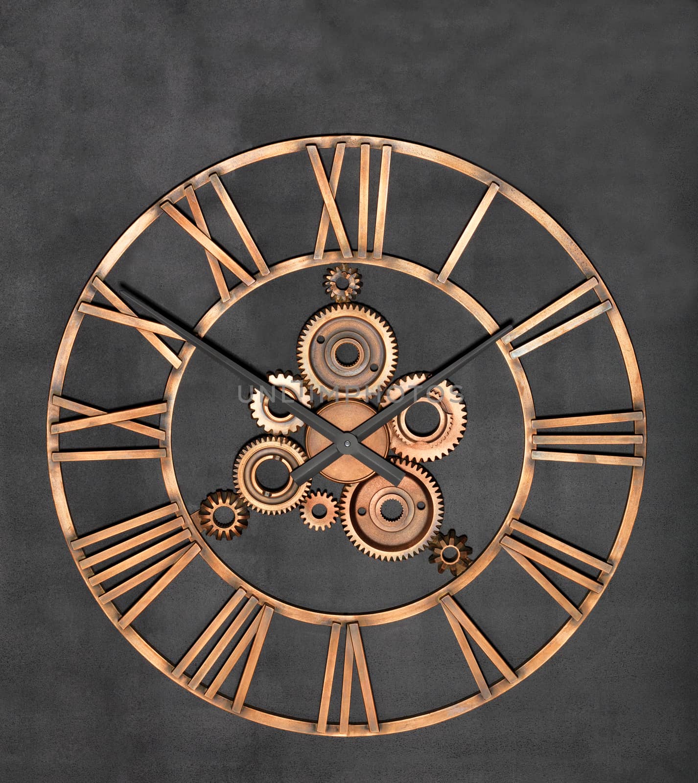 Unusual industrial wall clock made of metal and real gears on a granite black background. by Sergii