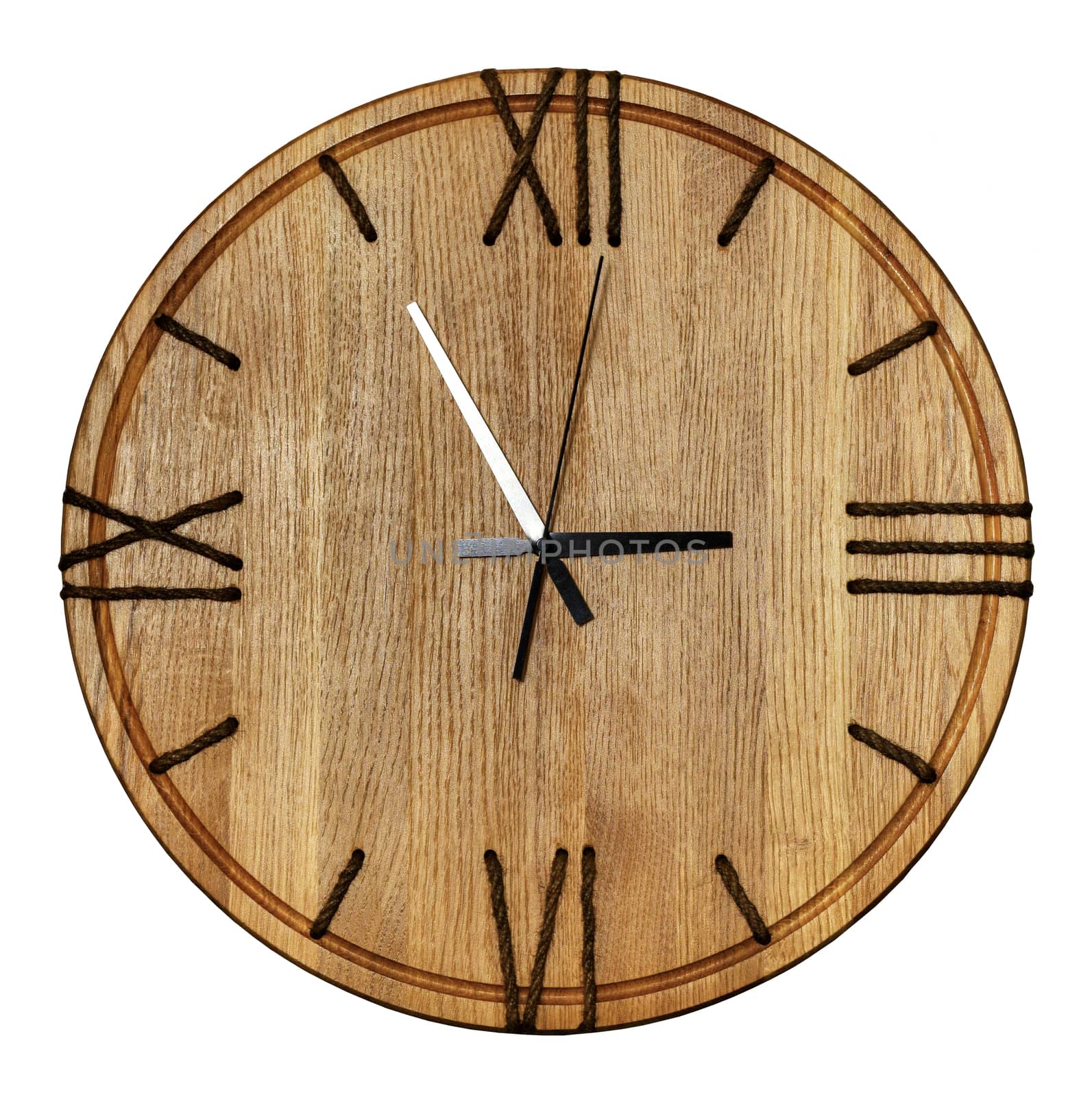 Beautiful wooden wall clock made of light wood and twine, isolate on white background. by Sergii