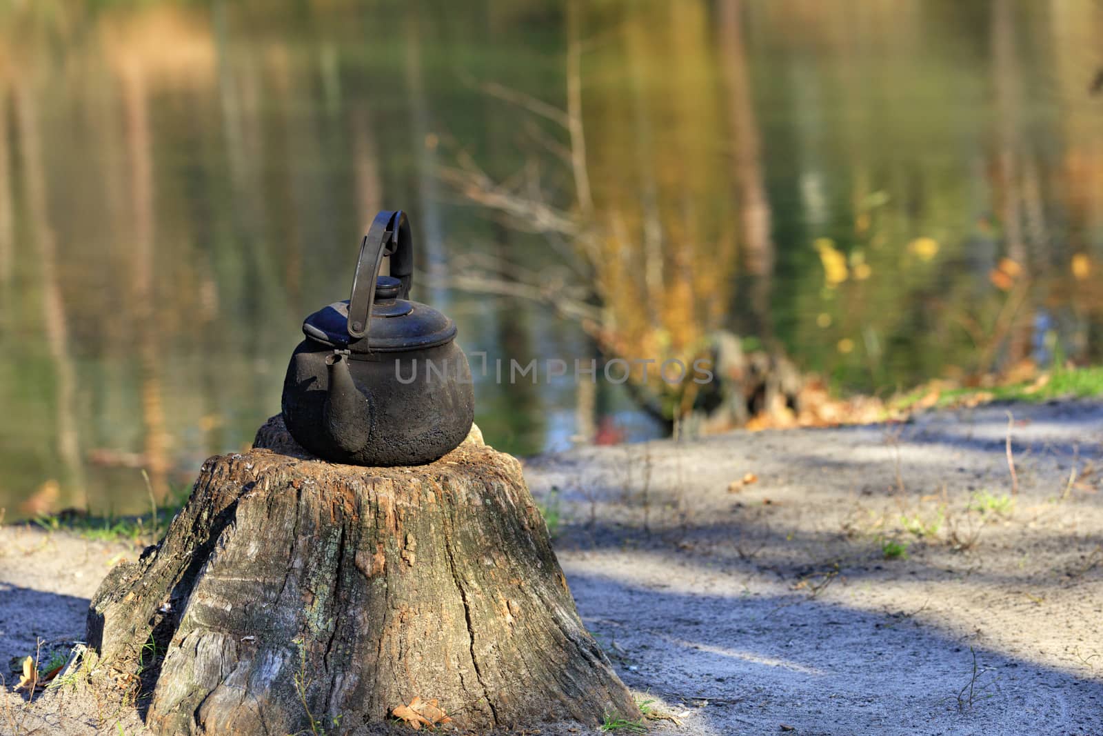 Metal burnt kettle stands on an old stump in the open air against a background of a forest lake. by Sergii