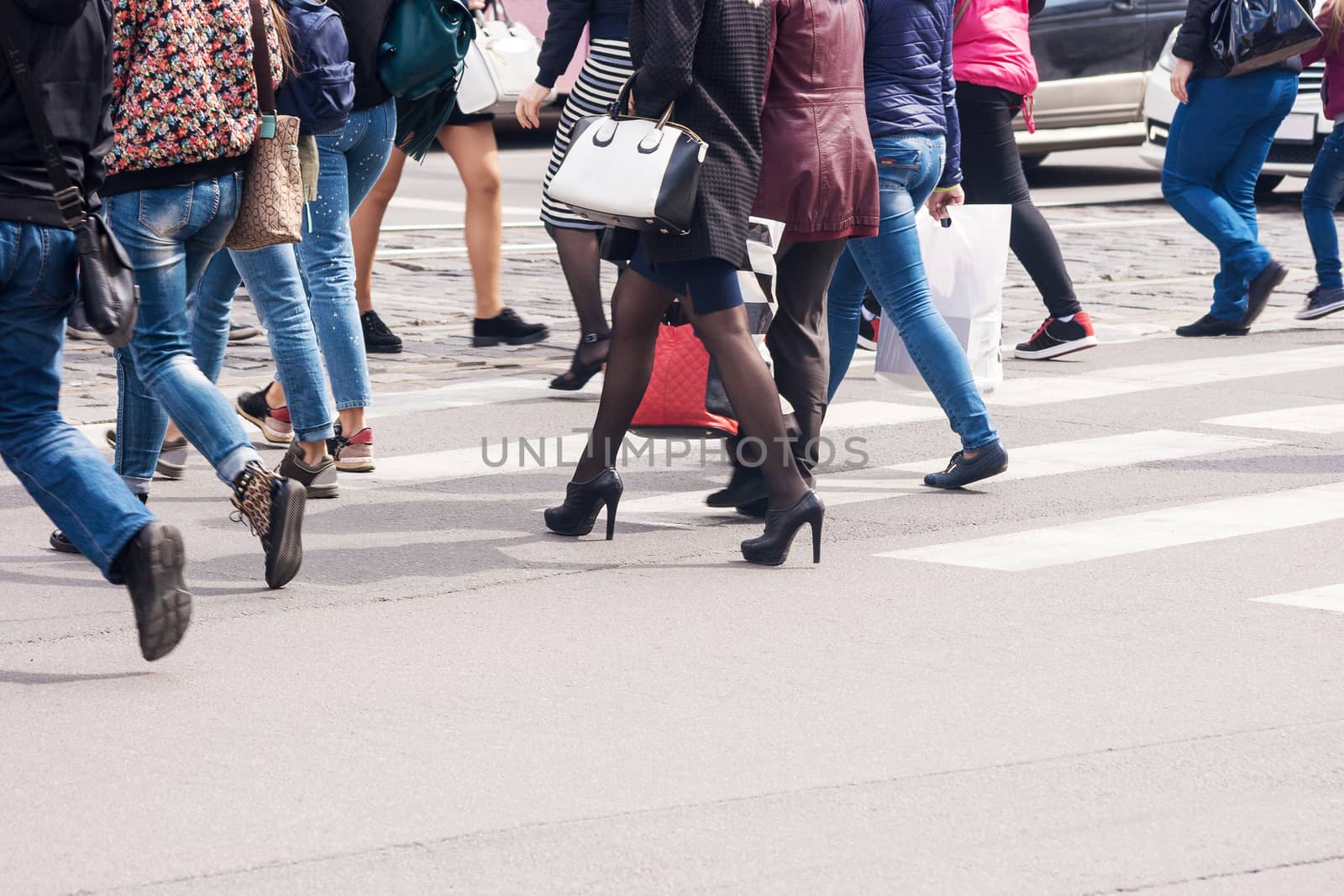 legs of pedestrians in a crosswalk on sunny spring day