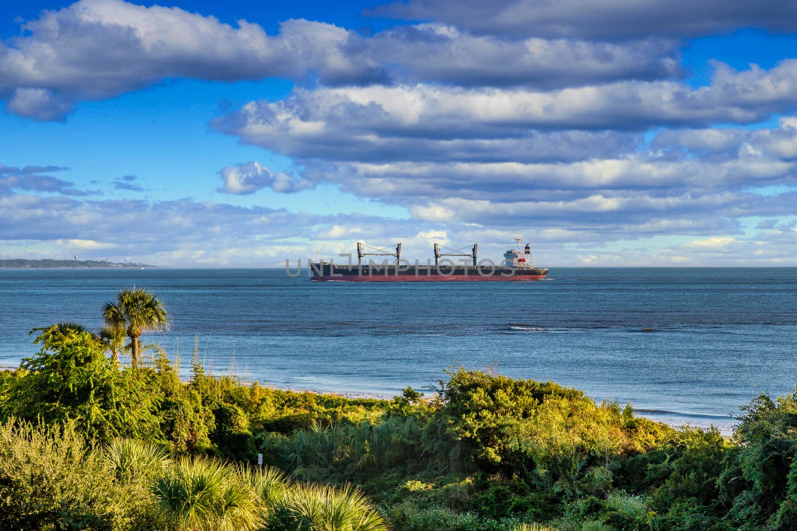 A huge empty freighter off the coast in the tropics