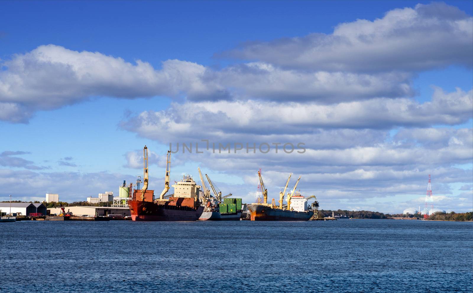 Three Freighters at Dock on Blue by dbvirago